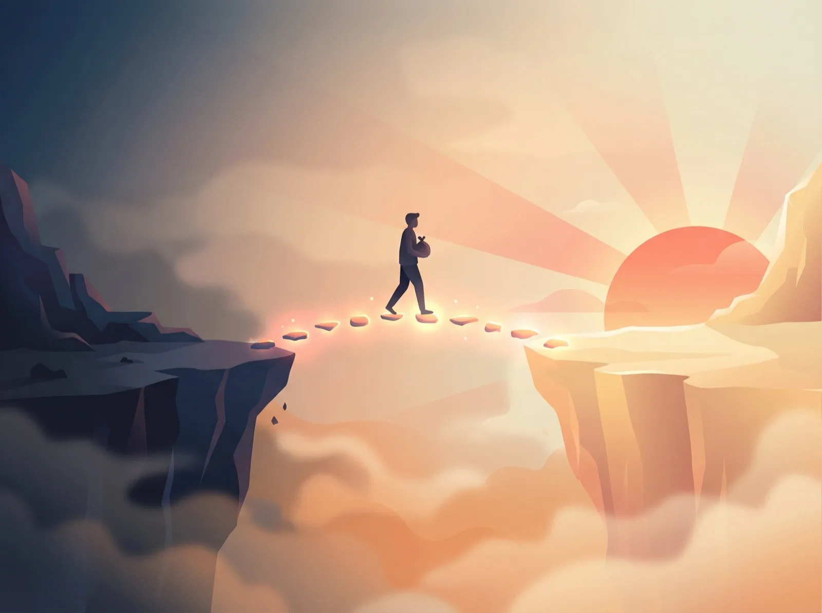 Person walking across a glowing bridge from darkness to light, representing the journey from distorted self-image to accurate reality