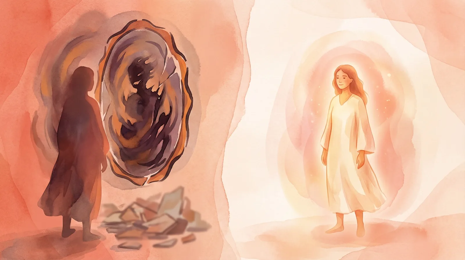 Split-screen illustration contrasting distorted self-image on left with accurate reality on right, showing the perception gap