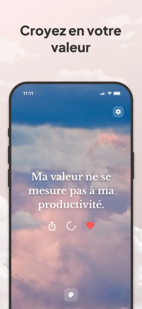 L'app Gentle sur iPhone avec l'affirmation : Ma valeur ne se mesure pas à ma productivité.